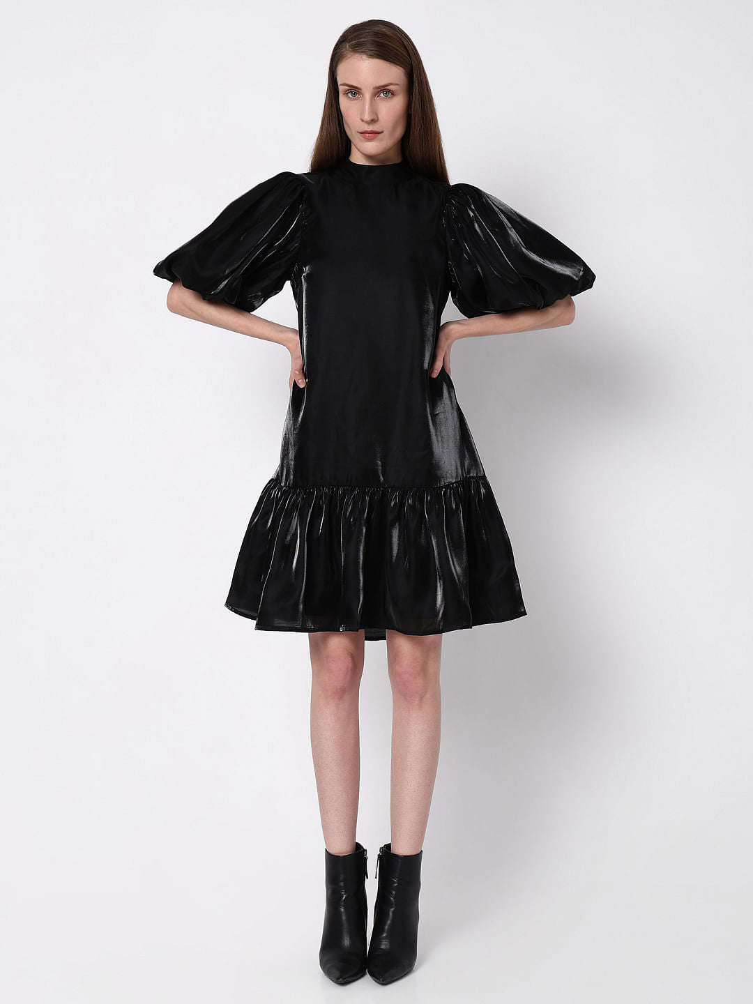 Black Flared Puff Sleeves Dress