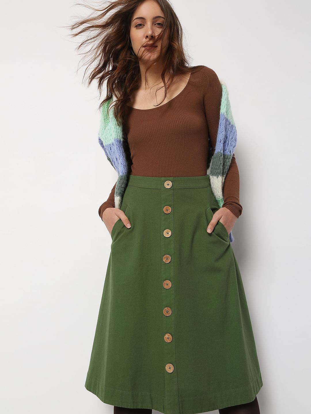 Green High Rise Flared Co-Ord Set Skirt