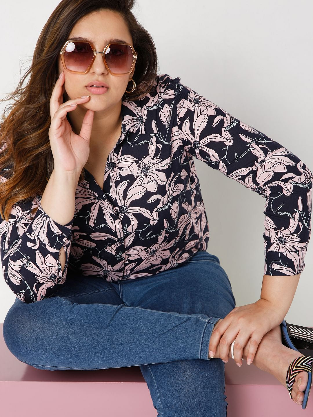 Curve Navy Blue Floral Print Shirt