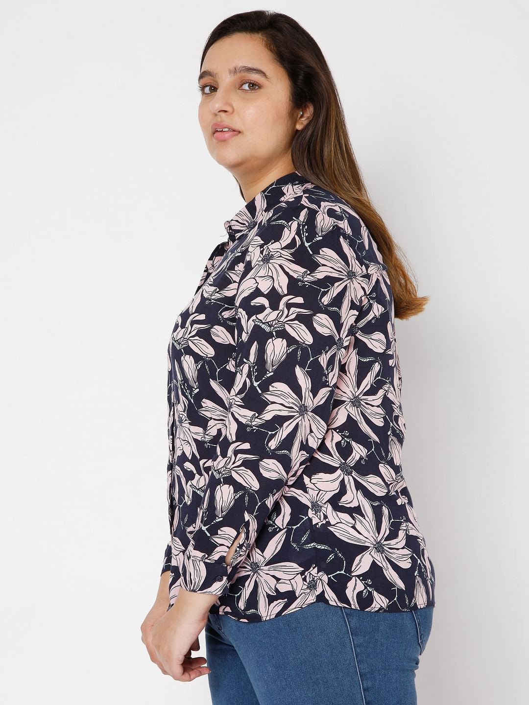 Curve Navy Blue Floral Print Shirt