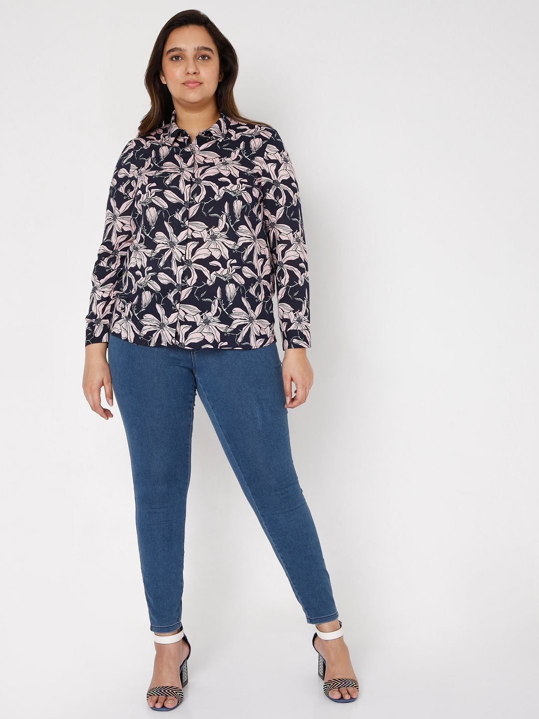 Curve Navy Blue Floral Print Shirt
