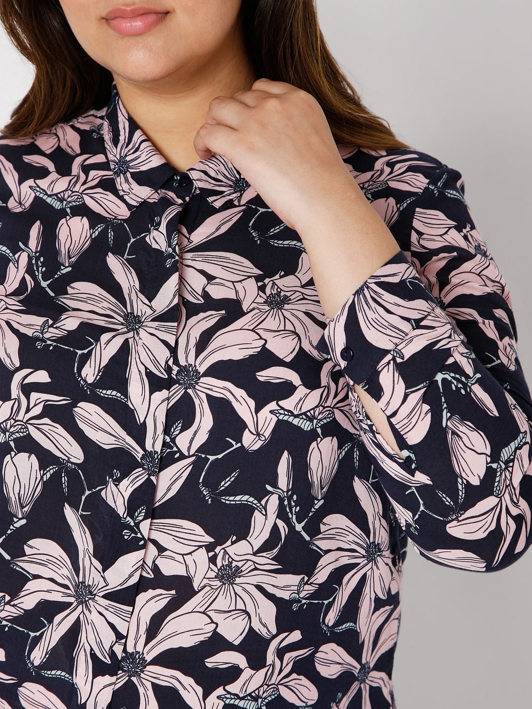 Curve Navy Blue Floral Print Shirt
