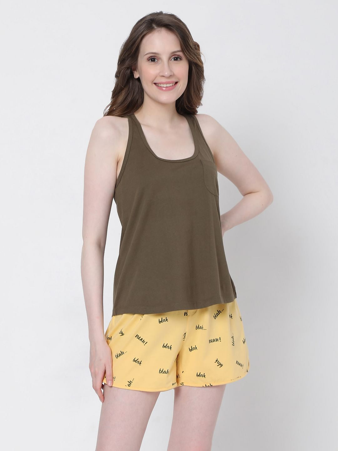 Brown & Yellow Tank Top & Shorts Set