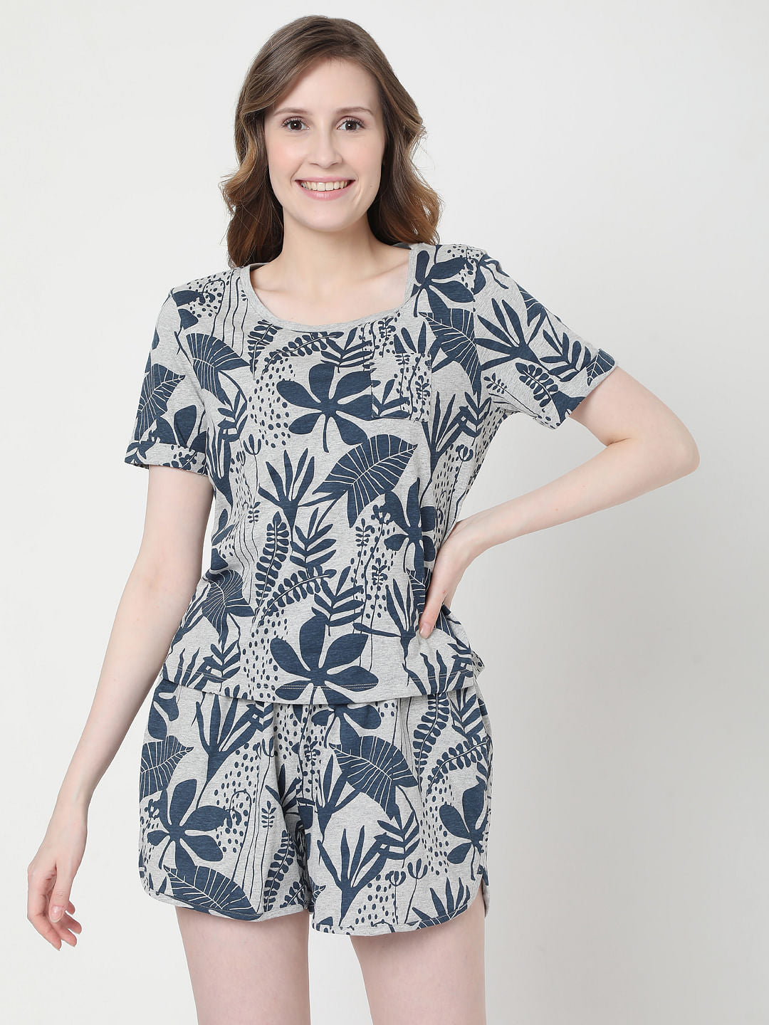 Grey Tropical Print T-Shirt & Shorts Set
