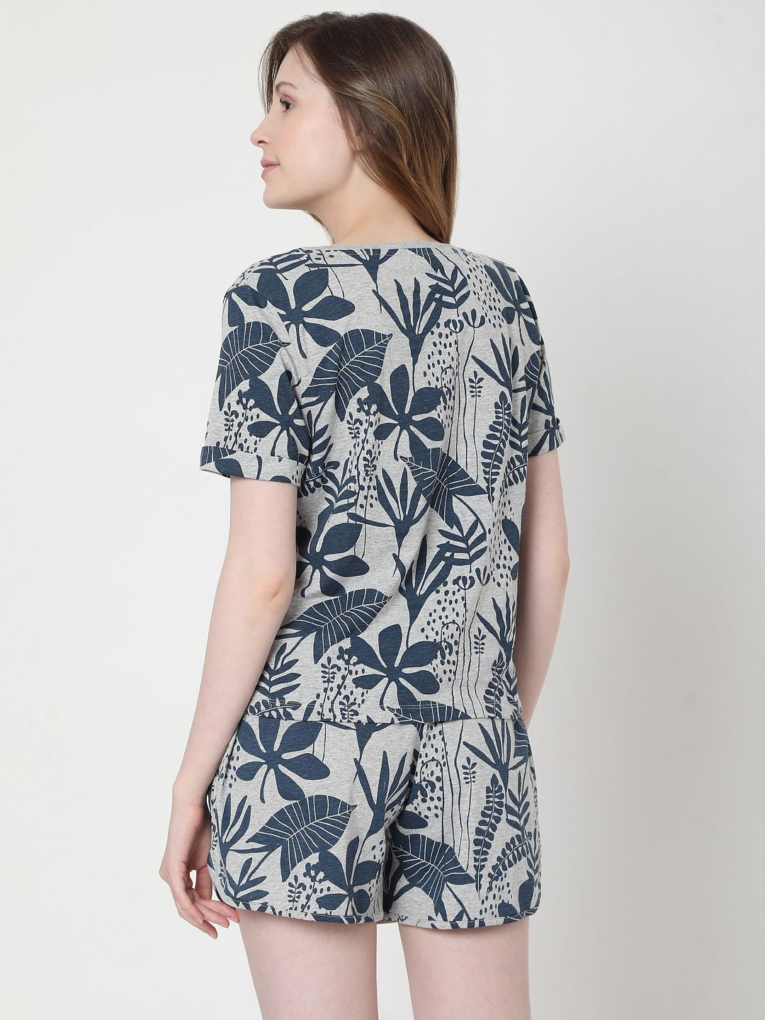 Grey Tropical Print T-Shirt & Shorts Set