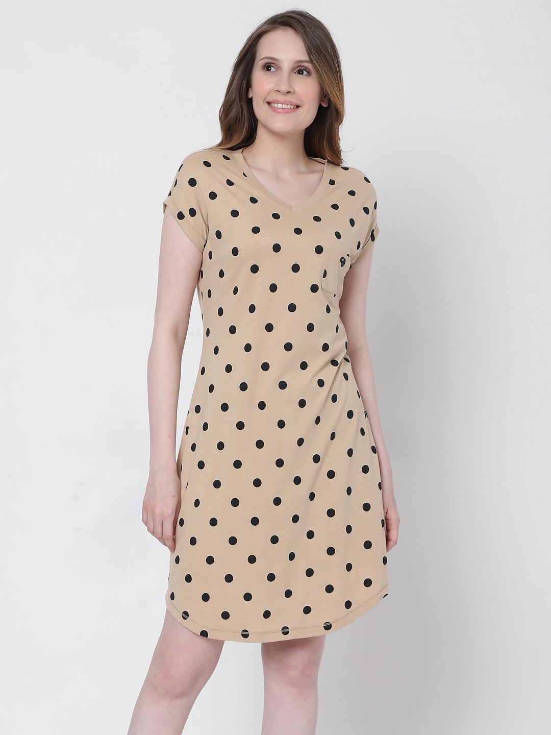 Beige Polka Dot Nightwear Dress