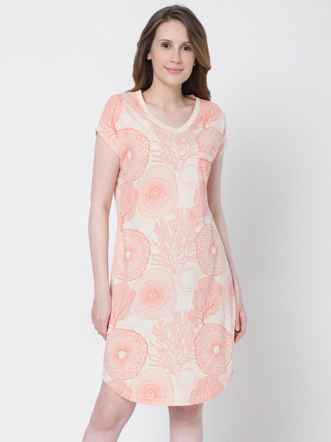 Coral Printed Nighwear Dress