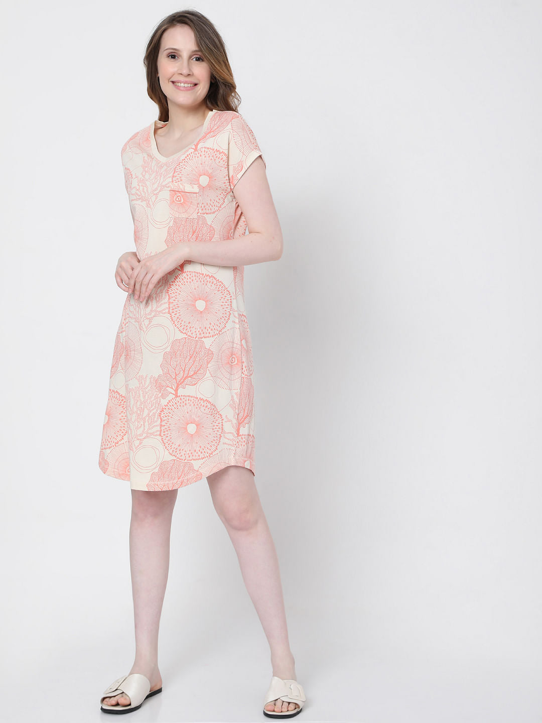 Coral Printed Nighwear Dress