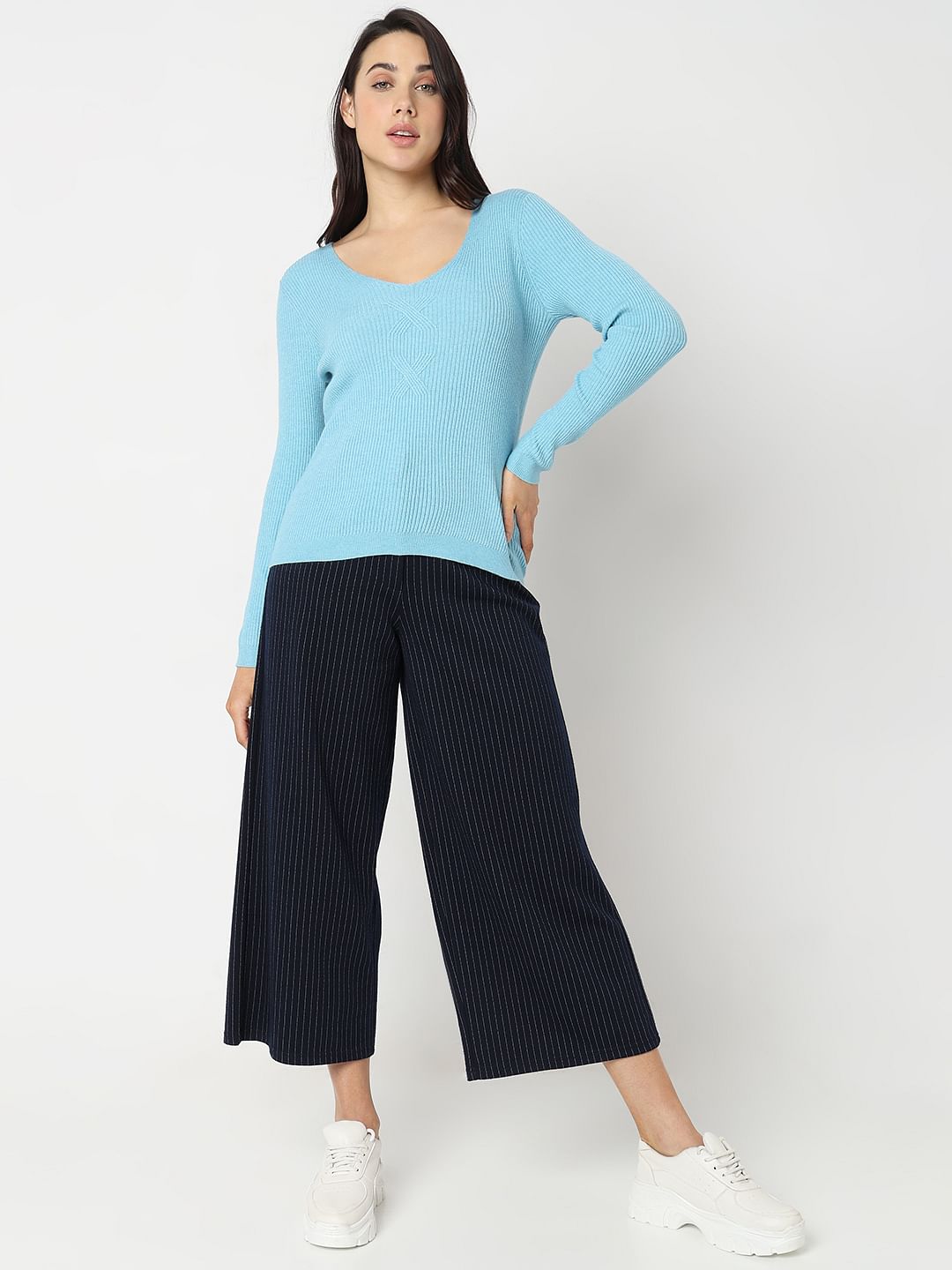 Blue Ribbed Knit Top