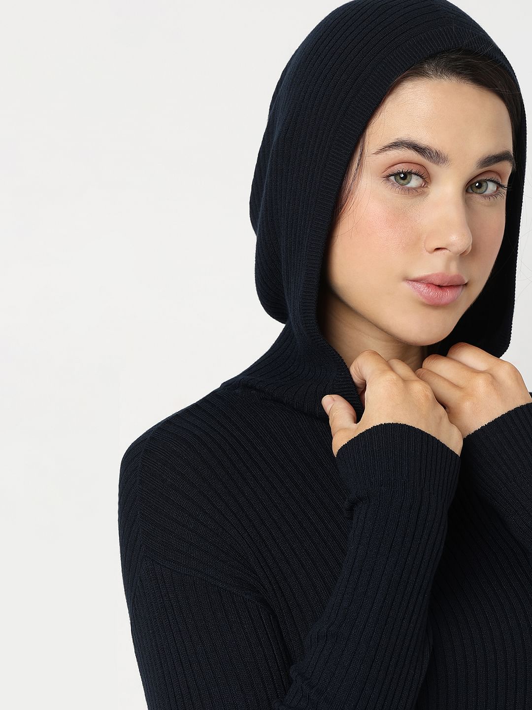 Navy Blue Ribbed Knit Hooded Top