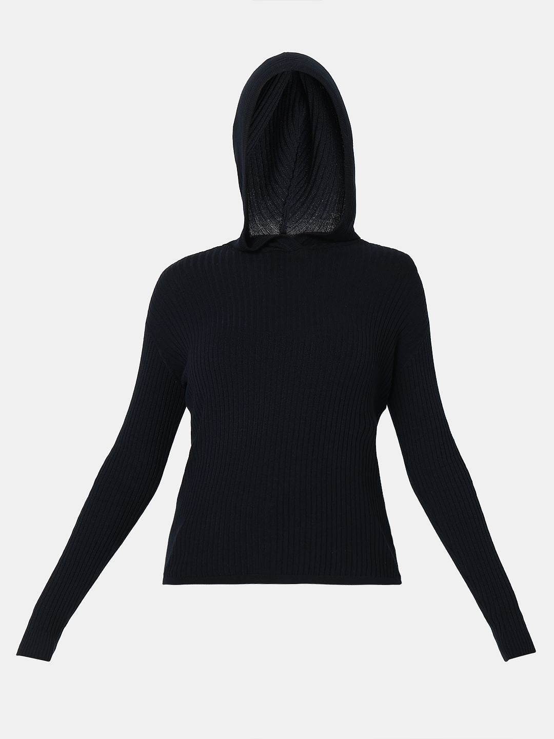 Navy Blue Ribbed Knit Hooded Top