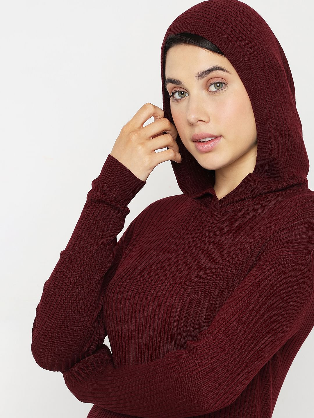 Maroon Ribbed Knit Hooded Top