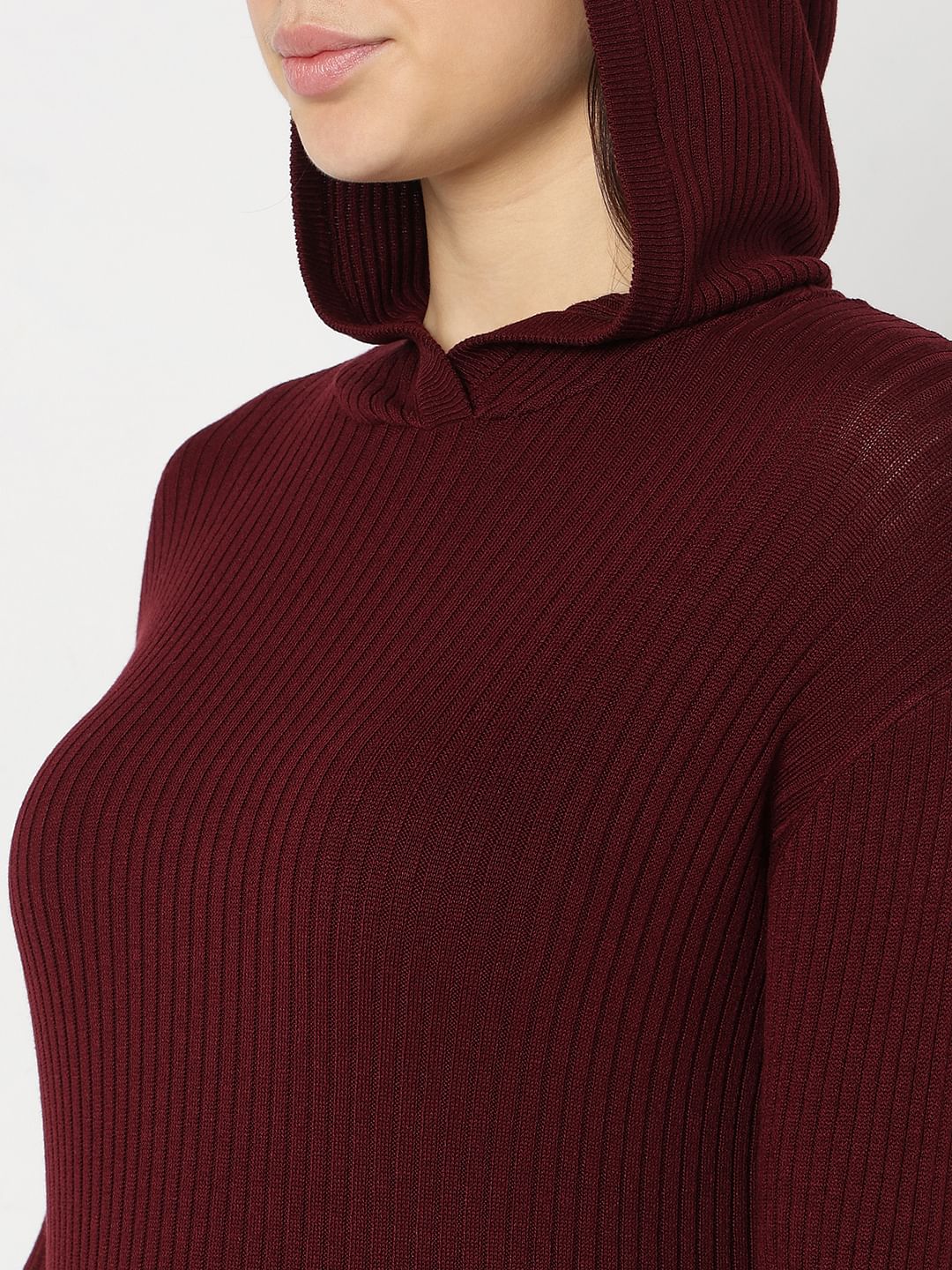 Maroon Ribbed Knit Hooded Top