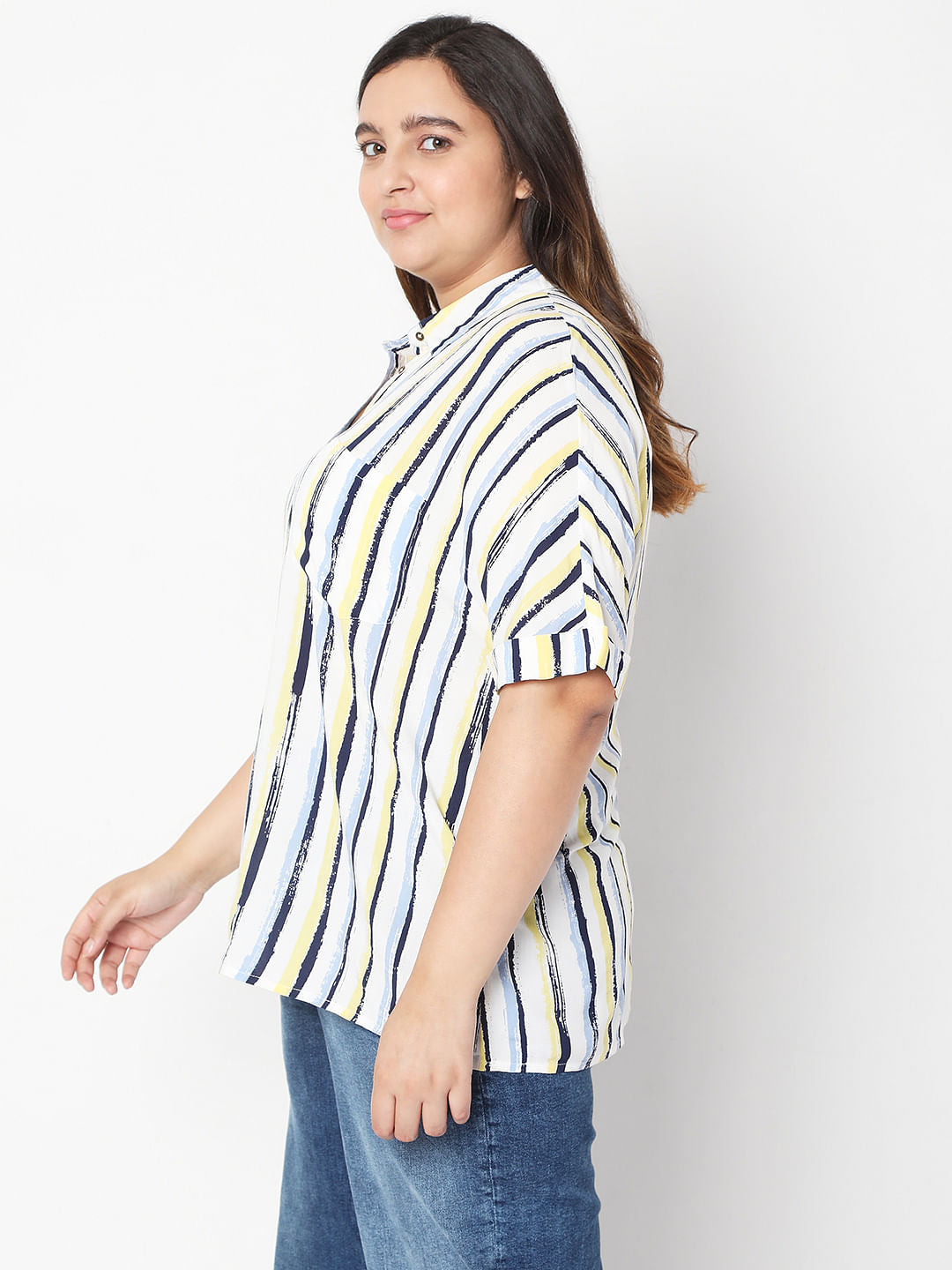 Curve White Asymmetrical Striped Shirt