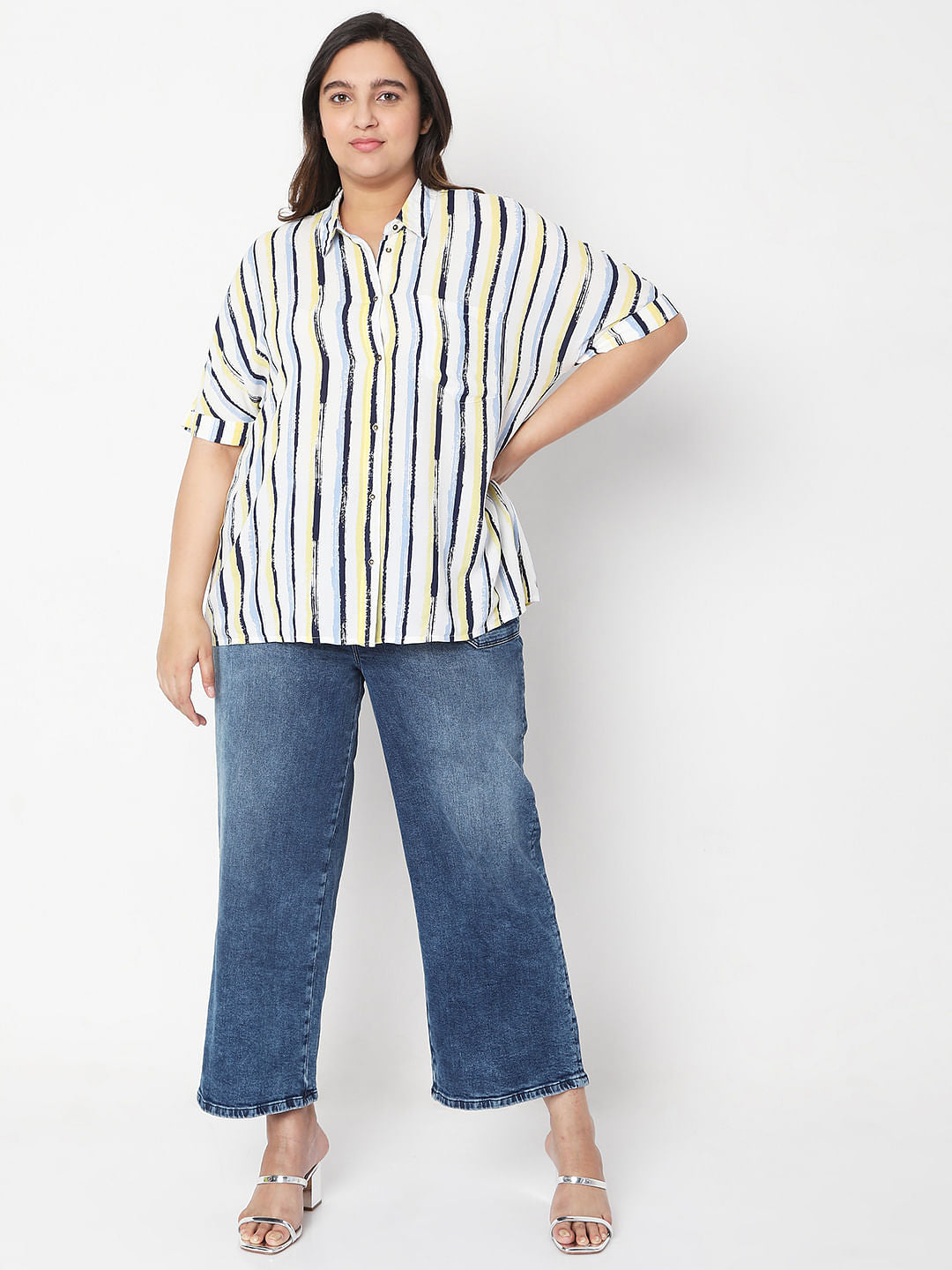 Curve White Asymmetrical Striped Shirt