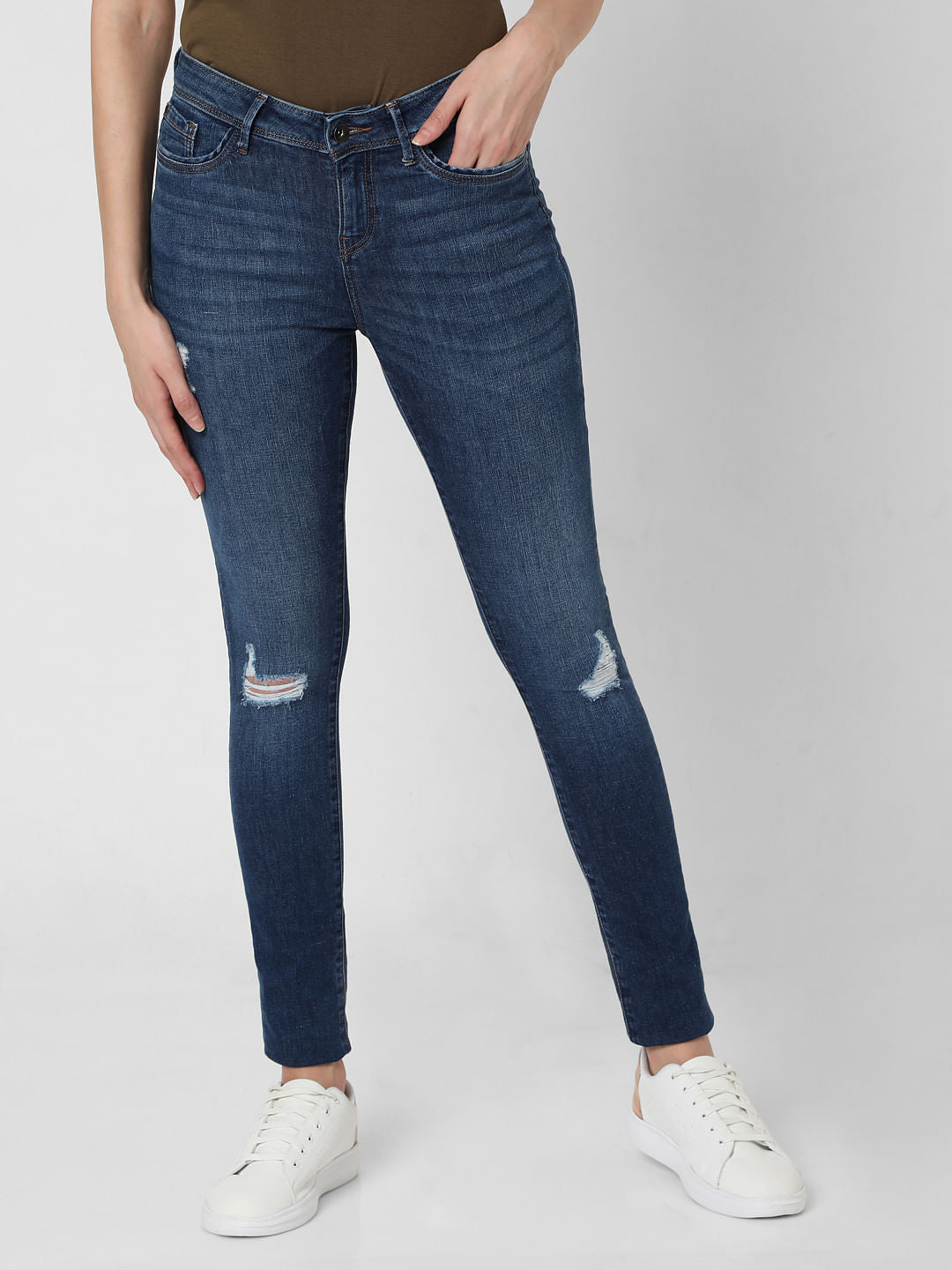 Dark Blue Mid Rise Ripped Skinny Jeans