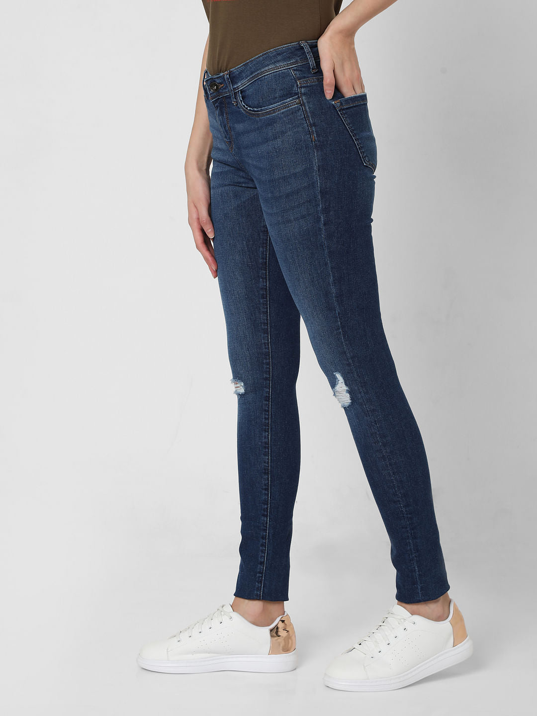Dark Blue Mid Rise Ripped Skinny Jeans