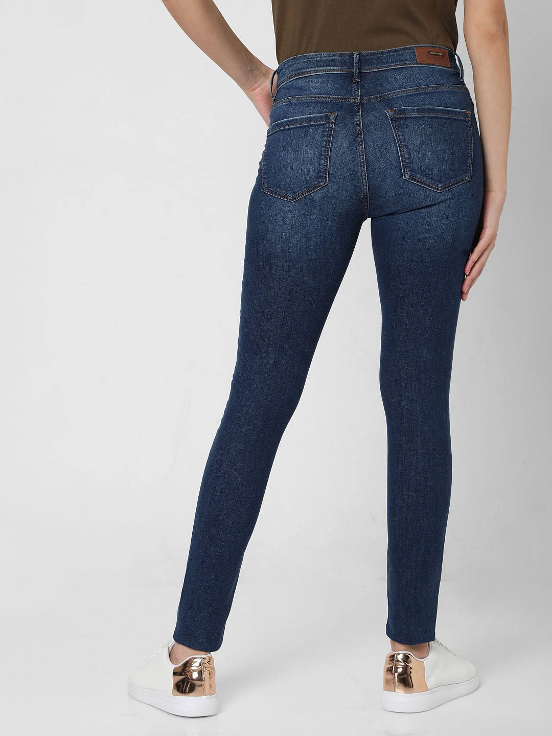 Dark Blue Mid Rise Ripped Skinny Jeans