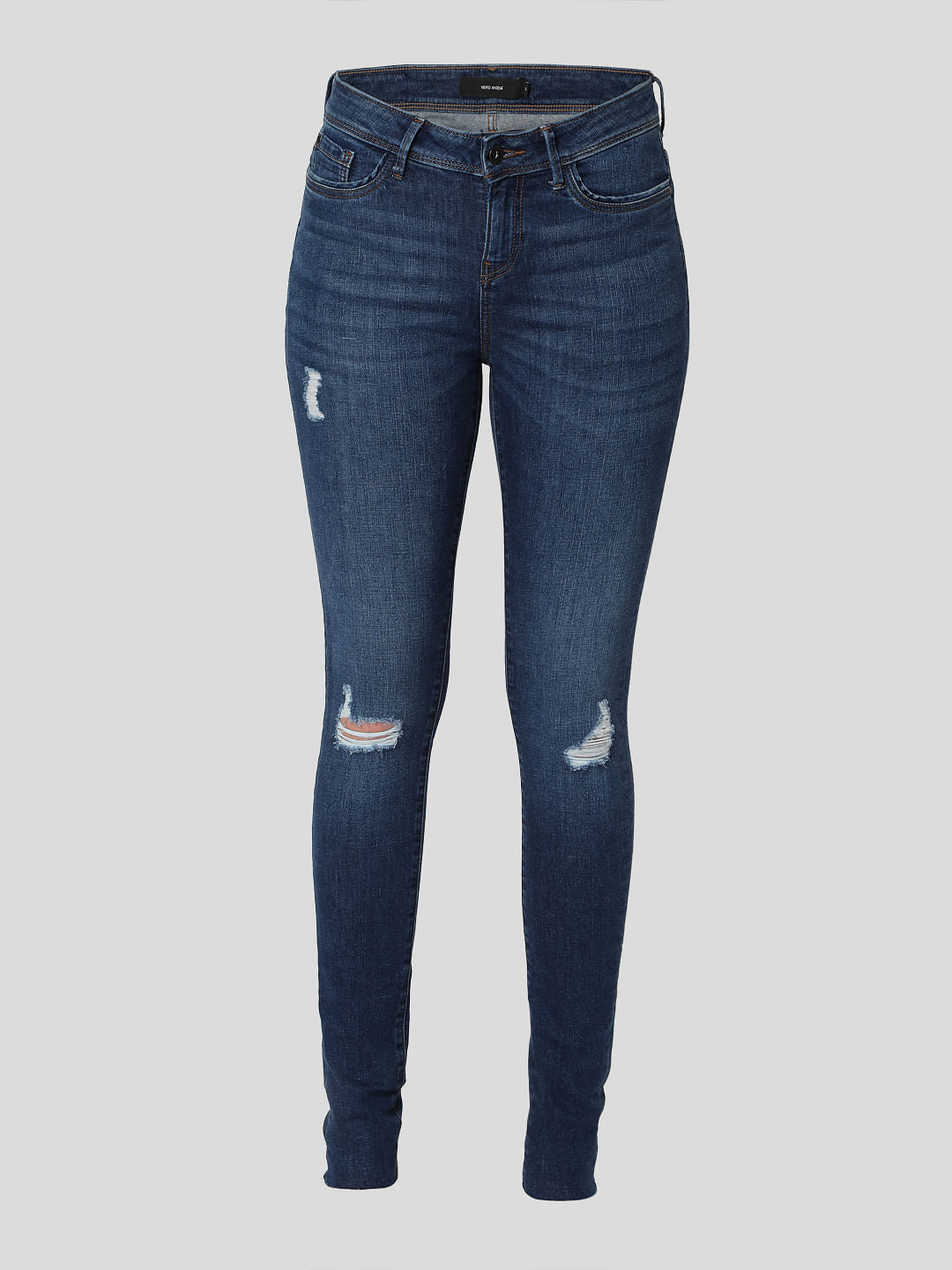 Dark Blue Mid Rise Ripped Skinny Jeans