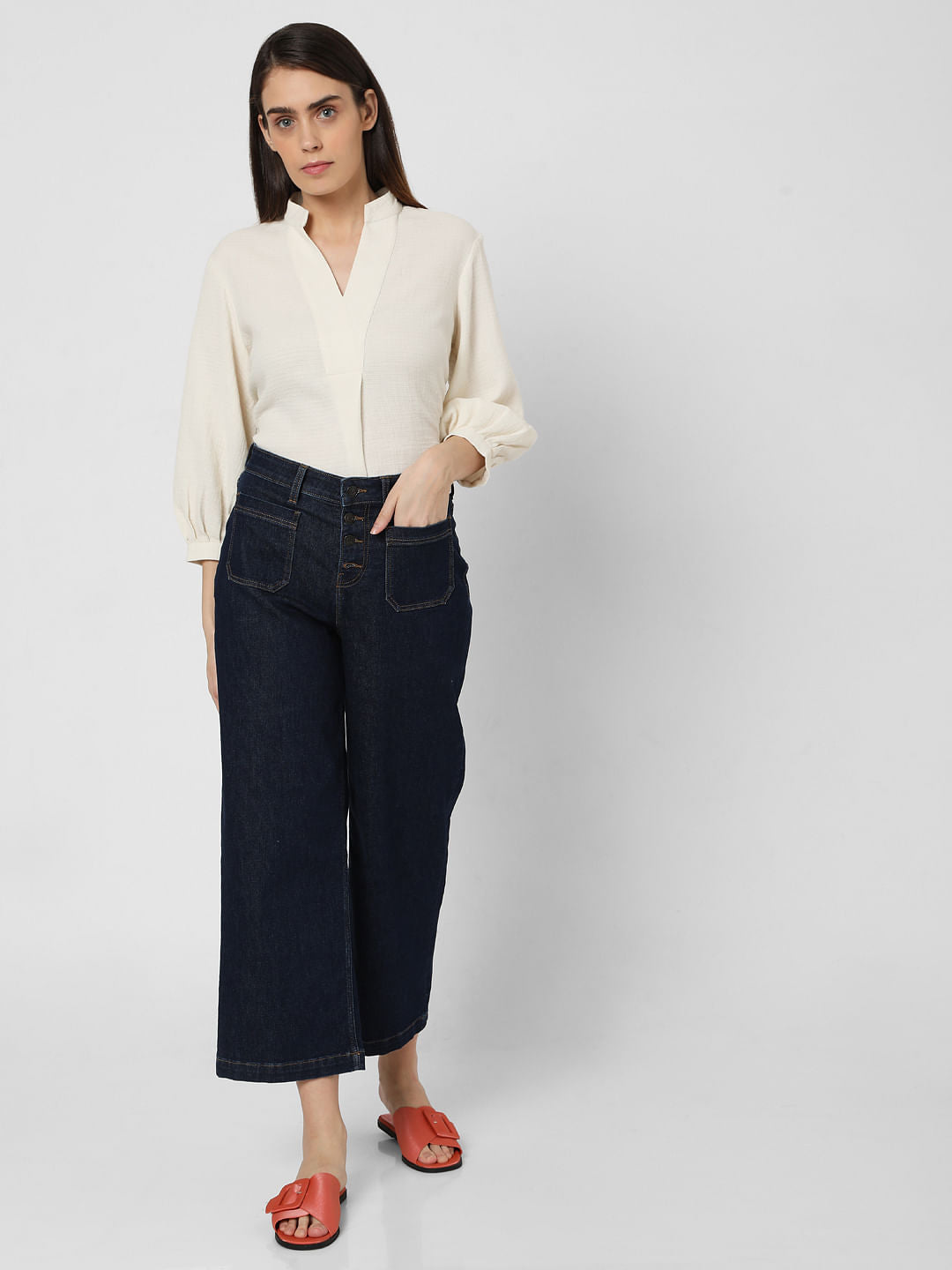 Blue High Rise Buttoned Zoey Wide-Leg Jeans