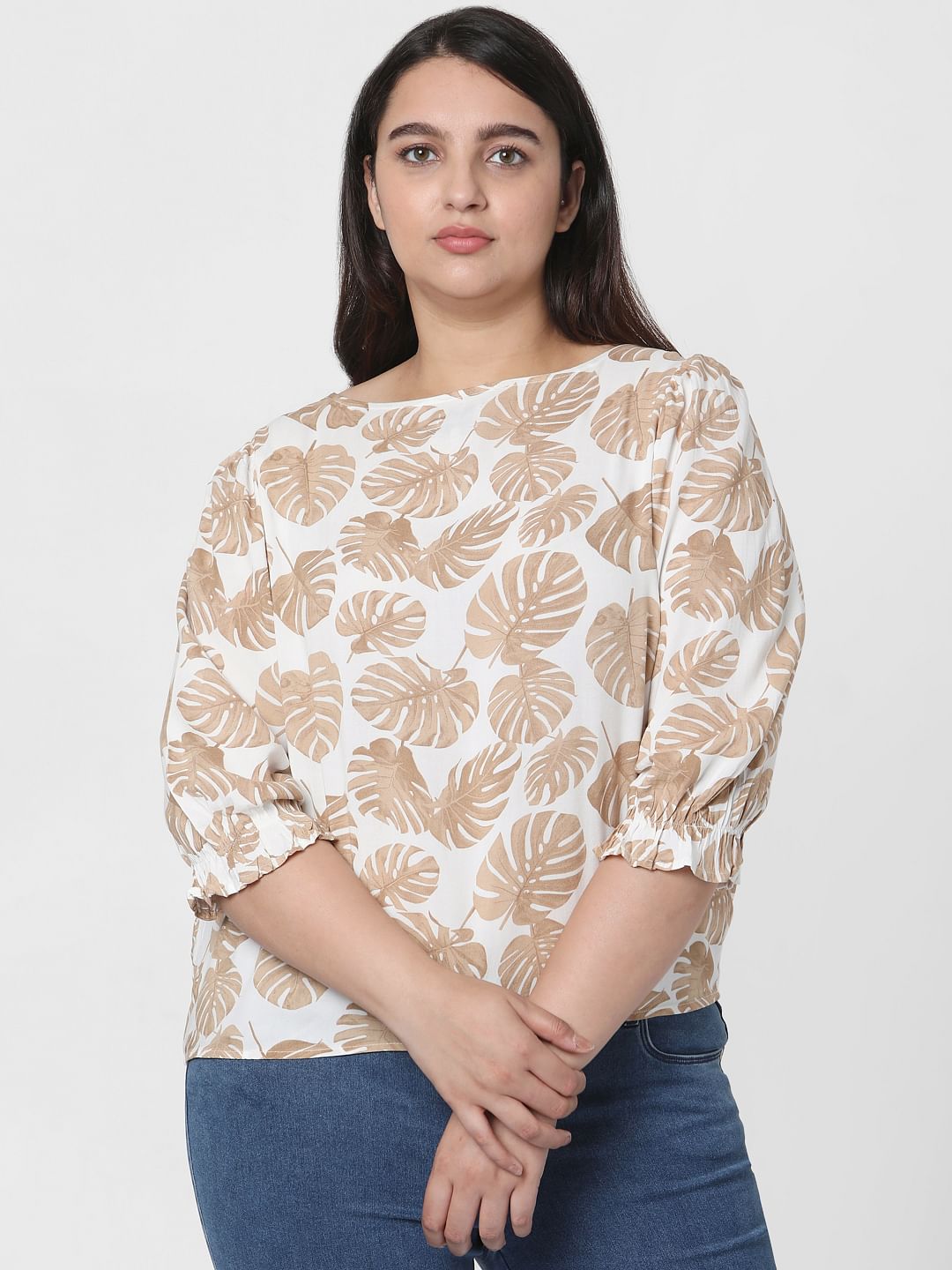 Curve Beige Tropical Leaf Print Top