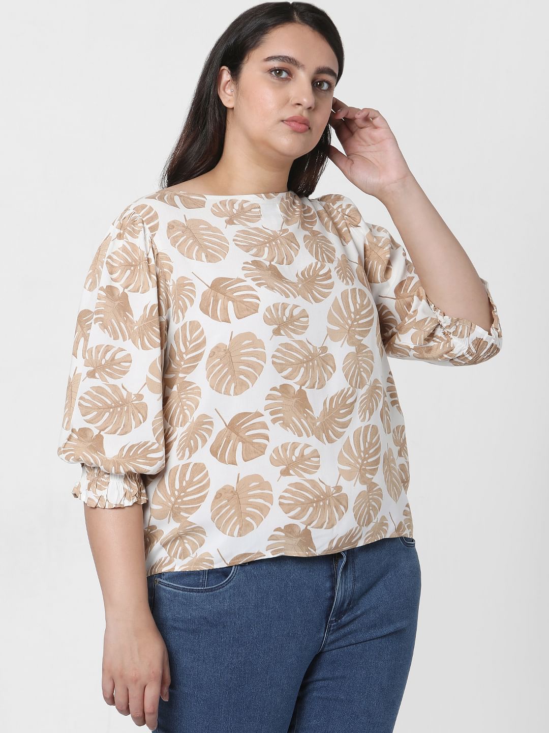 Curve Beige Tropical Leaf Print Top