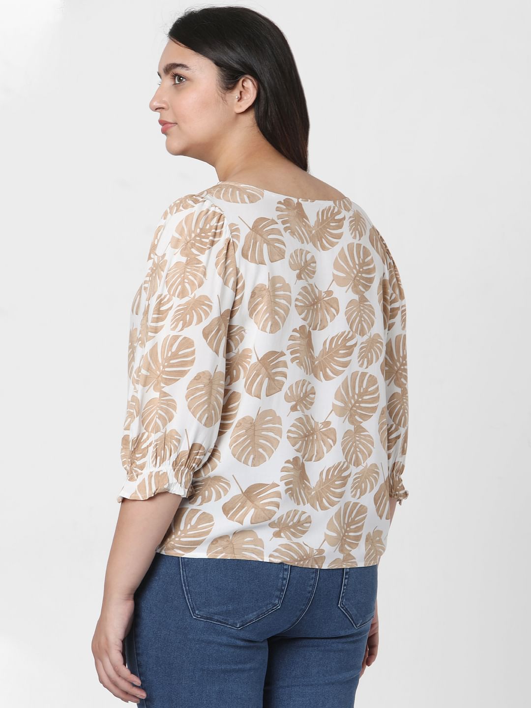 Curve Beige Tropical Leaf Print Top