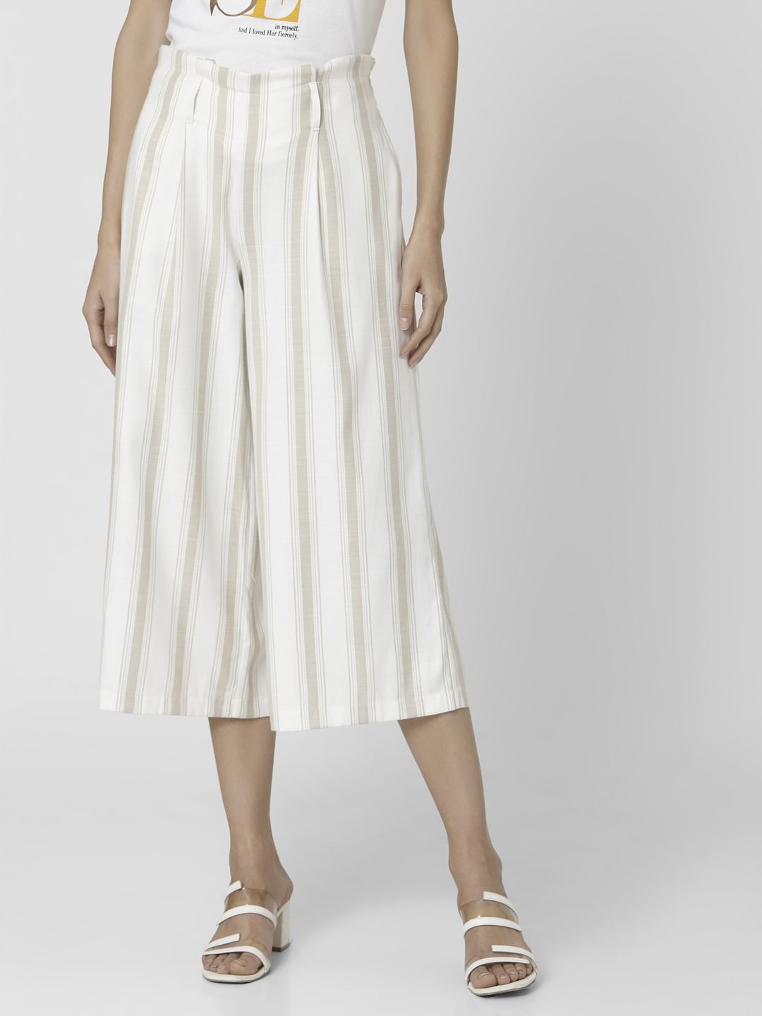 Beige Mid Rise Striped Culottes