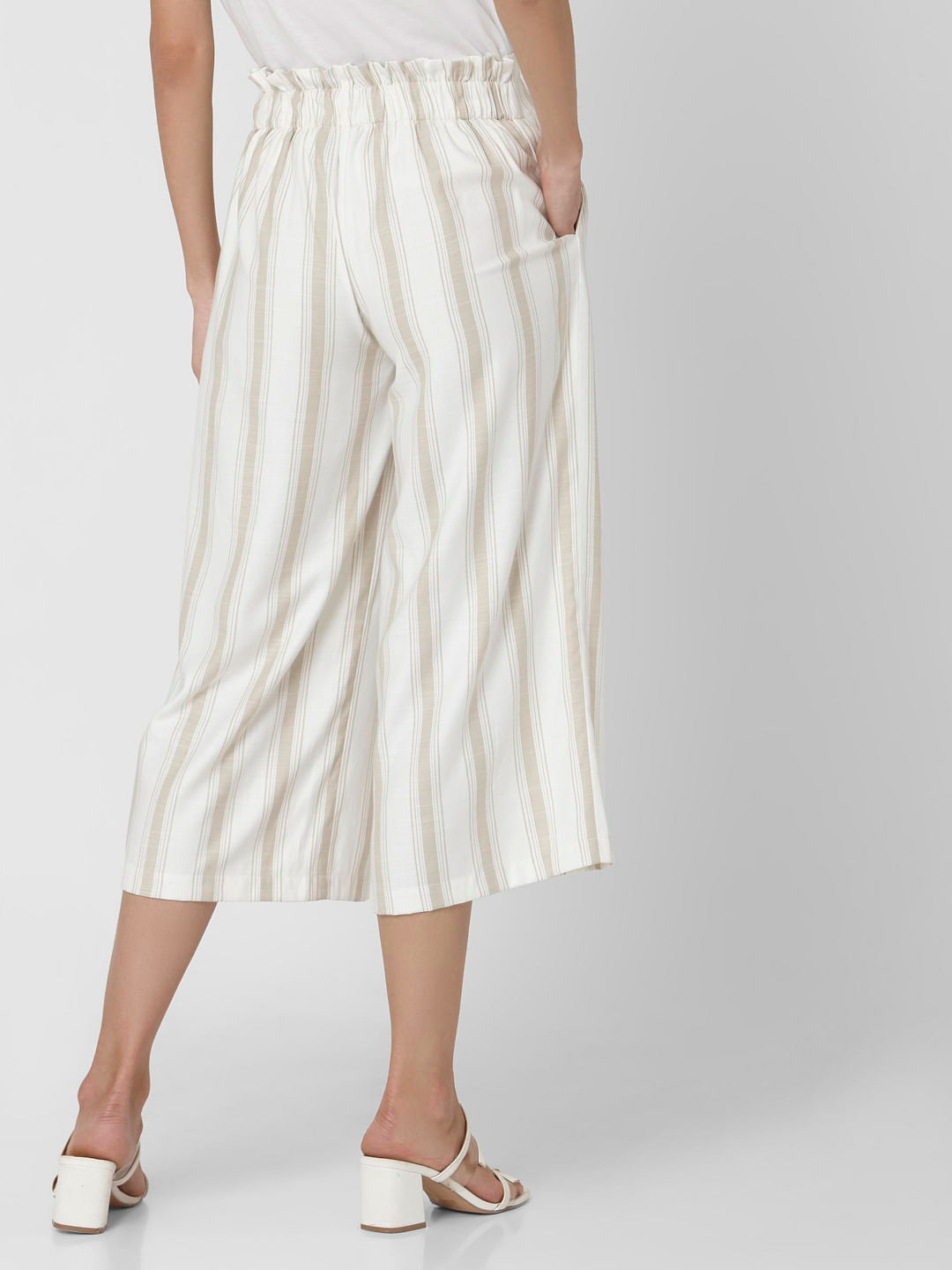 Beige Mid Rise Striped Culottes
