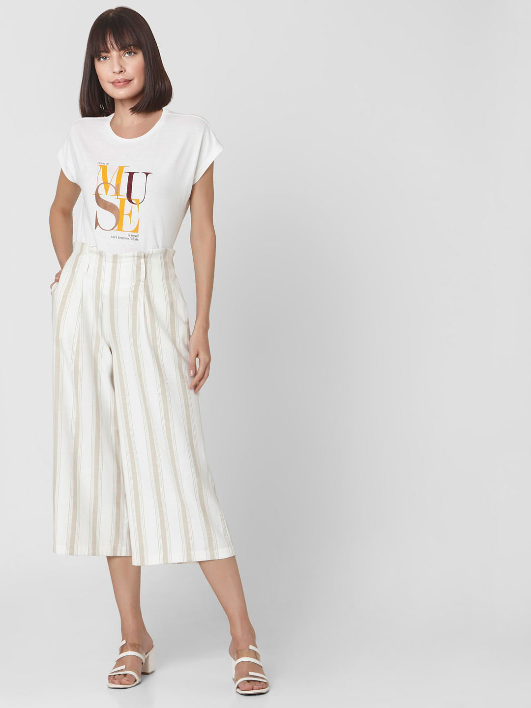Beige Mid Rise Striped Culottes