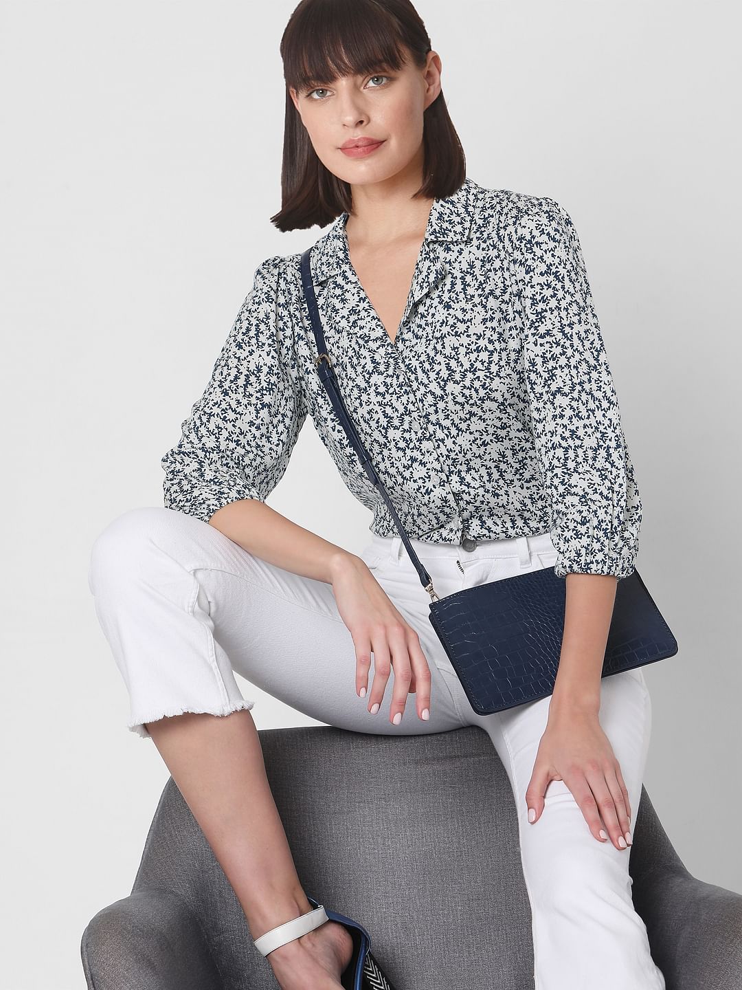 Blue Floral Print Cuban Collar Shirt