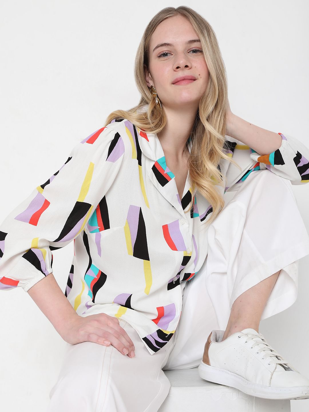 White Abstract Print Shirt