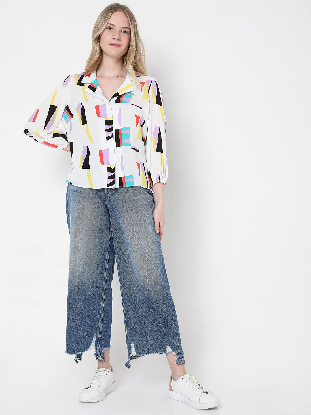 White Abstract Print Shirt