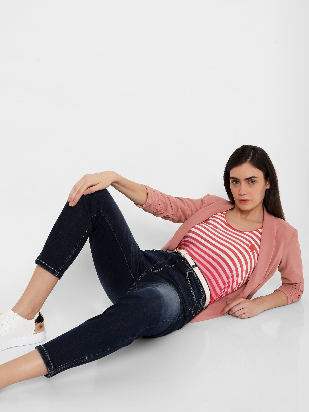 Blue High Rise Ankle Zipper Slim Jeans