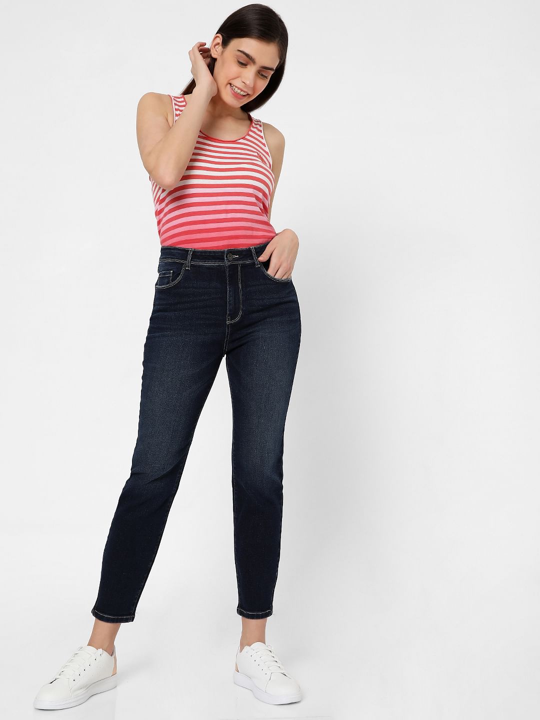 Blue High Rise Ankle Zipper Slim Jeans