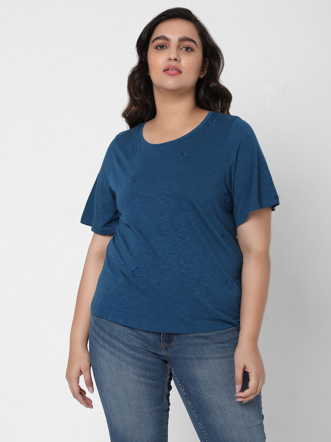 Curve Blue Embroidered Top