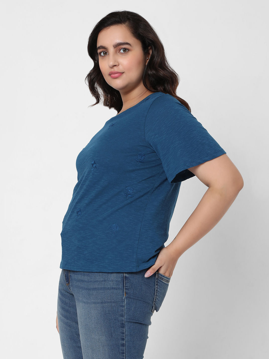 Curve Blue Embroidered Top