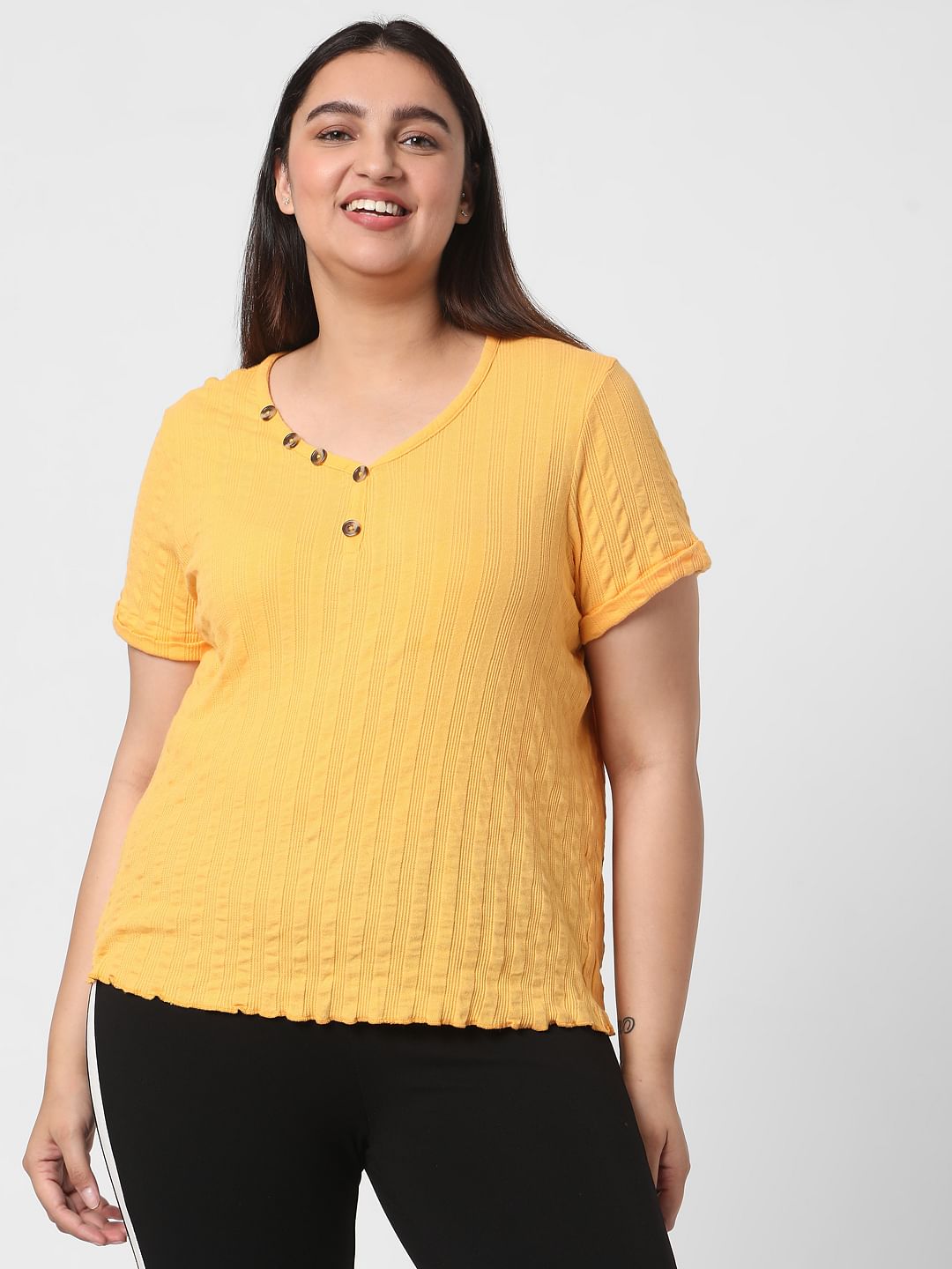 Curve Yellow Ribbed Henley Neck T-Shirt