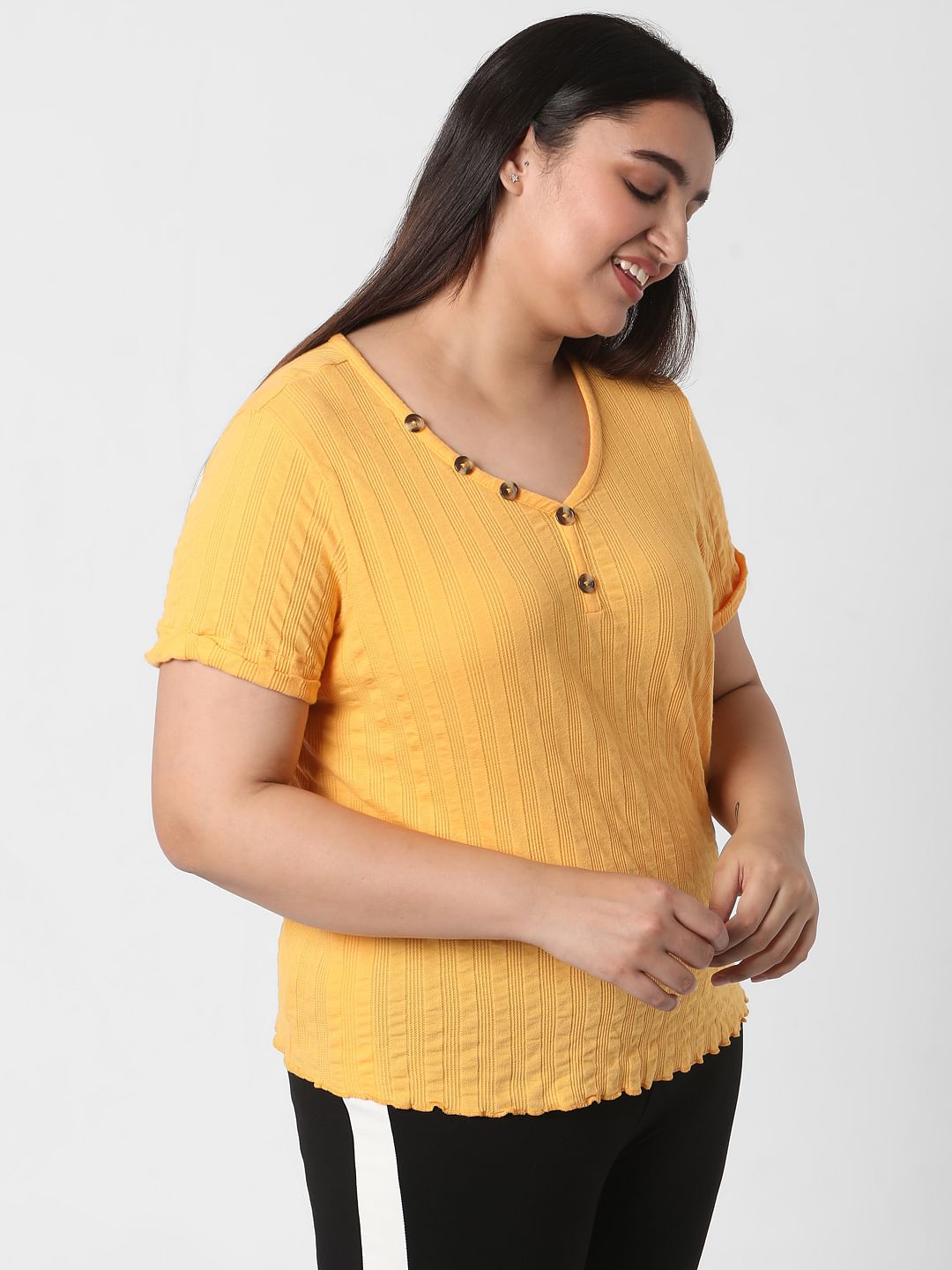 Curve Yellow Ribbed Henley Neck T-Shirt