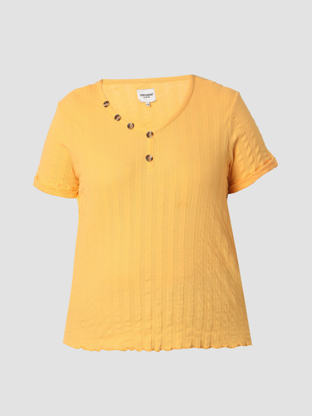 Curve Yellow Ribbed Henley Neck T-Shirt