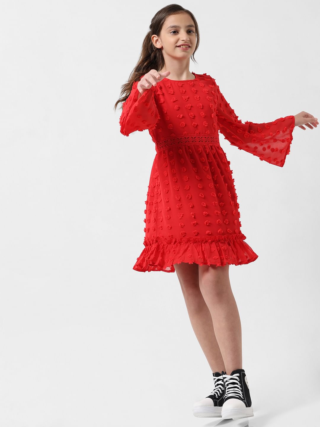 Girl Red Textured Fit & Flare Dress