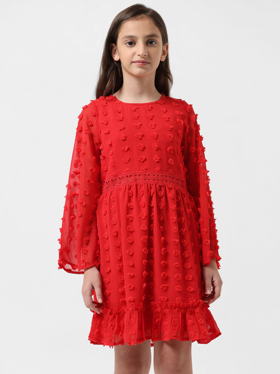 Girl Red Textured Fit & Flare Dress