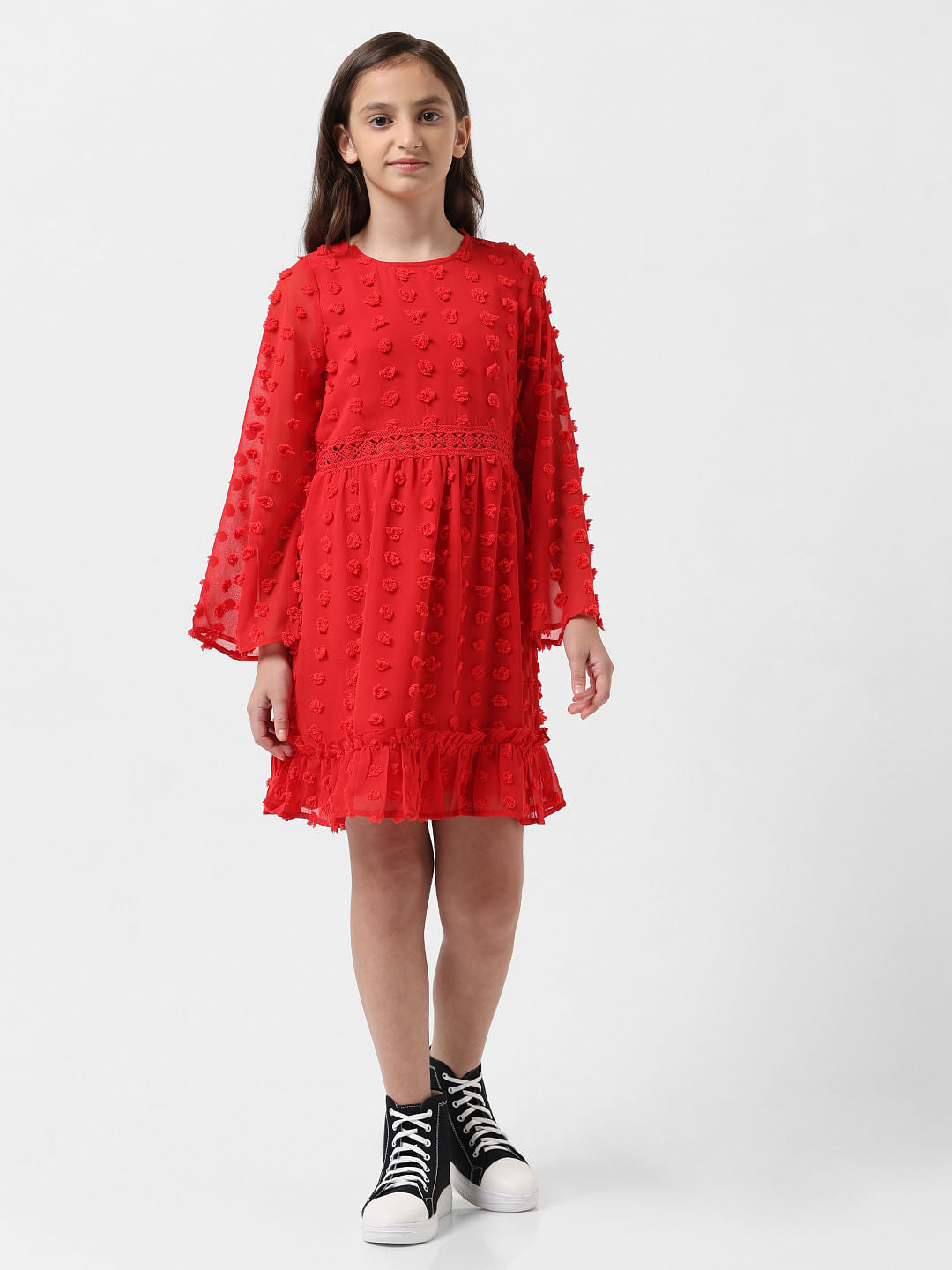 Girl Red Textured Fit & Flare Dress