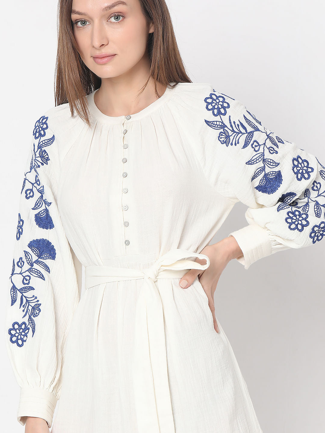 White Contrast Embroidery Dress