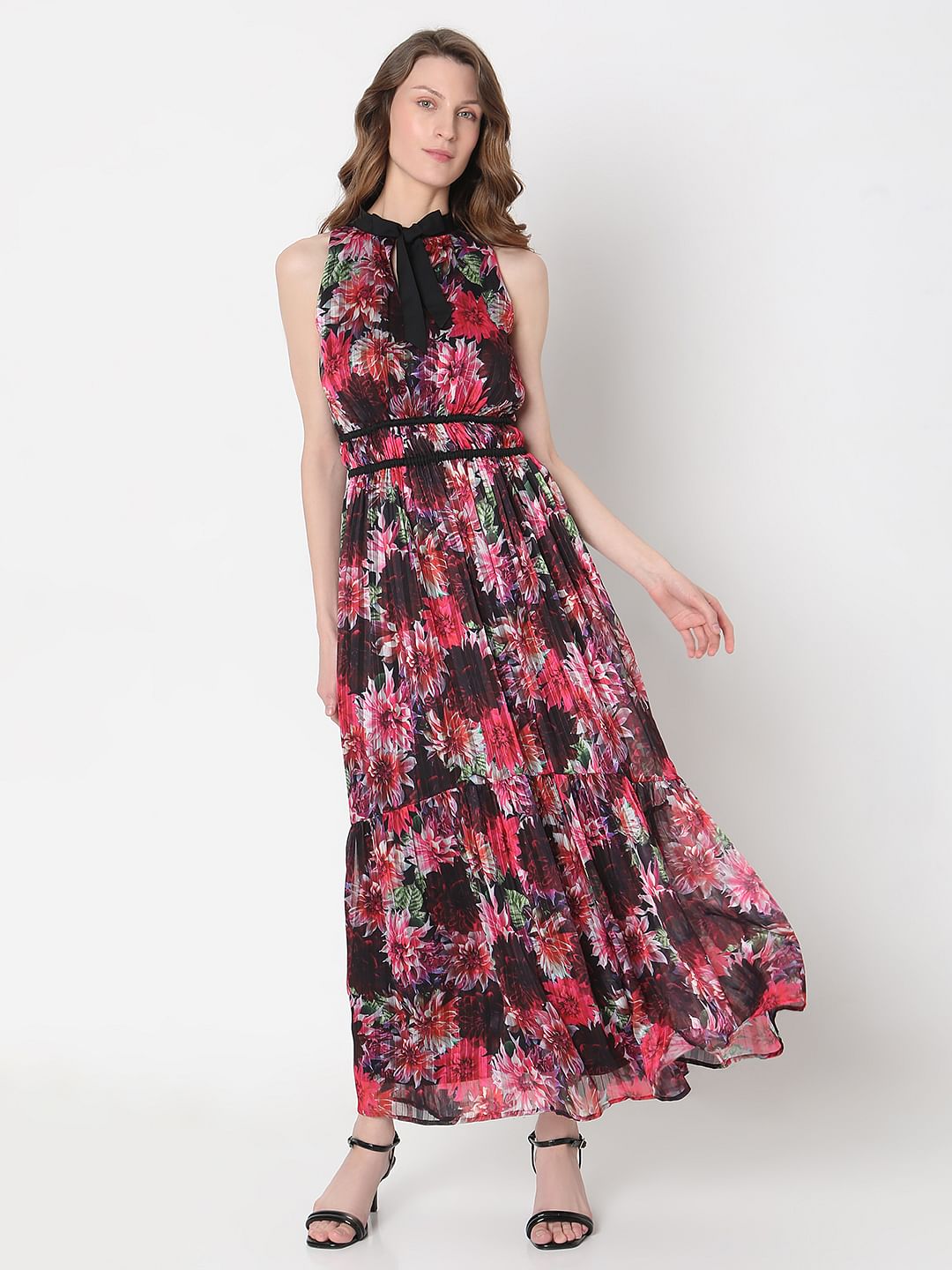 Red Floral Pleated Maxi Dress