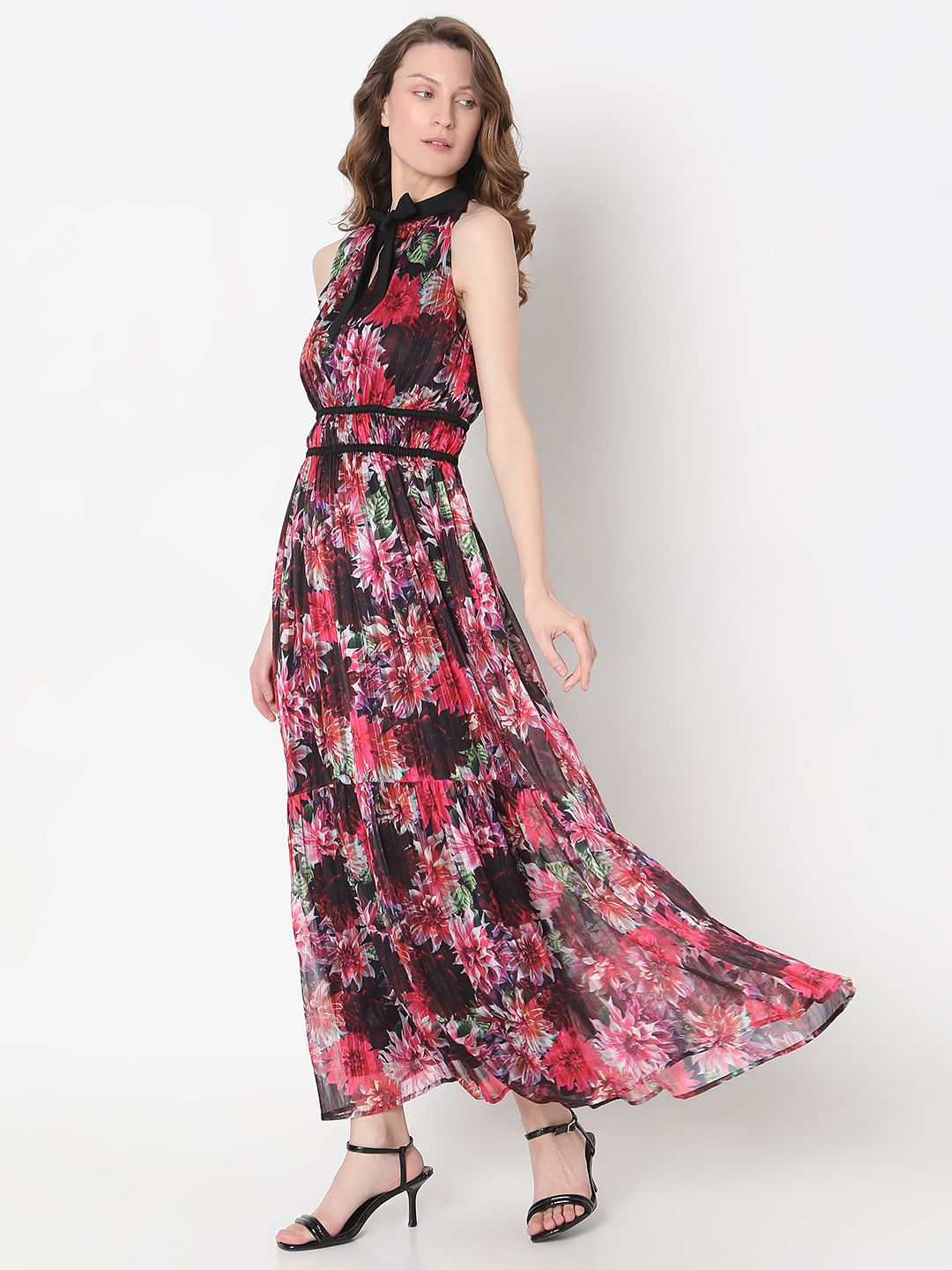 Red Floral Pleated Maxi Dress