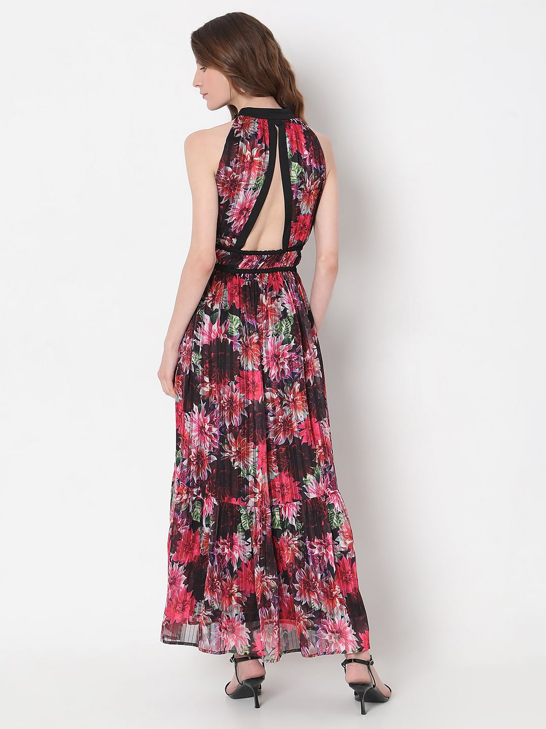 Red Floral Pleated Maxi Dress