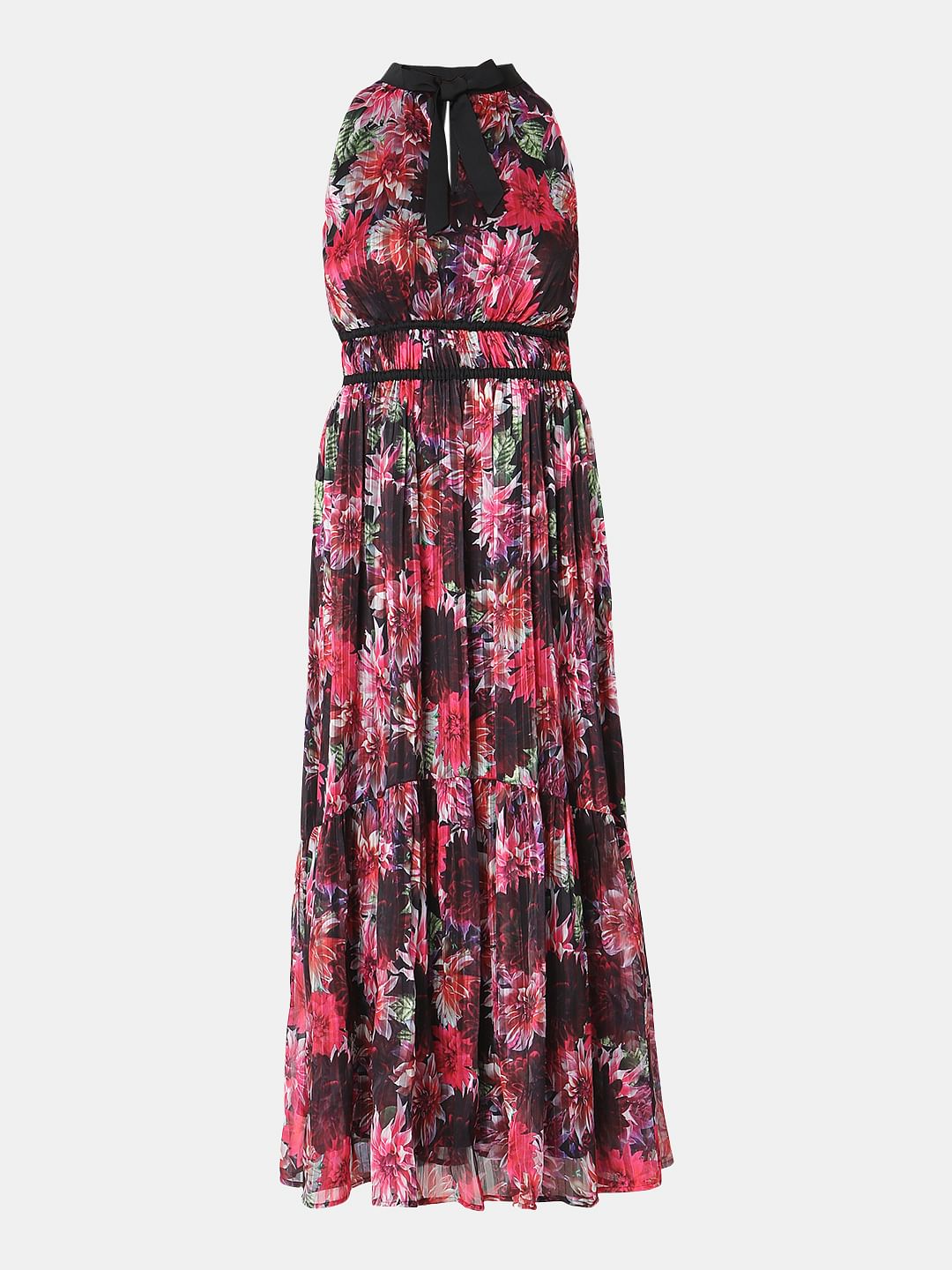Red Floral Pleated Maxi Dress