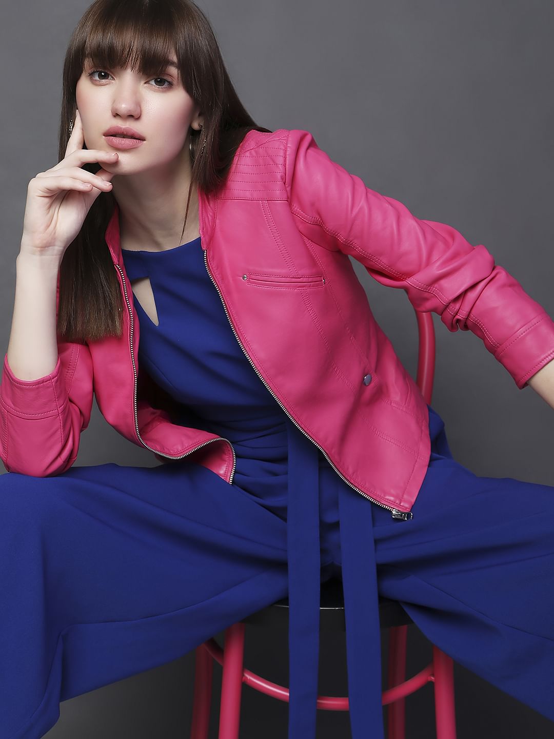 Hot Pink Faux Leather Biker Jacket
