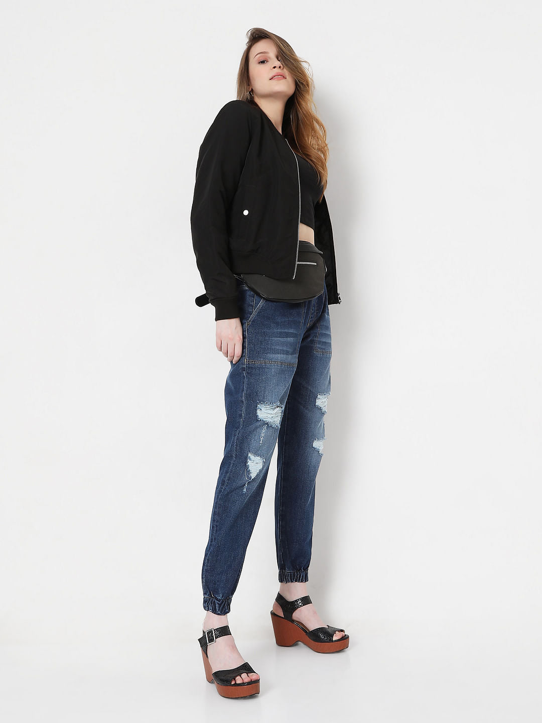 Blue High Rise Distressed Jogger Jeans